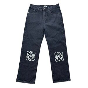 Loewe Women's 34 Black Wide-Leg Jeans W/ Signature Logo Embroidery On Knees